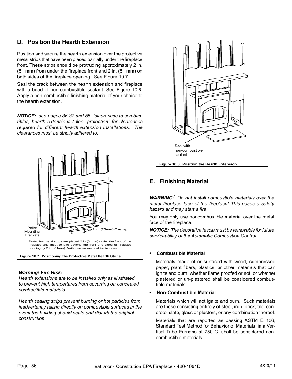 E. finishing material, D. position the hearth extension | Heatiator C40 User Manual | Page 56 / 71