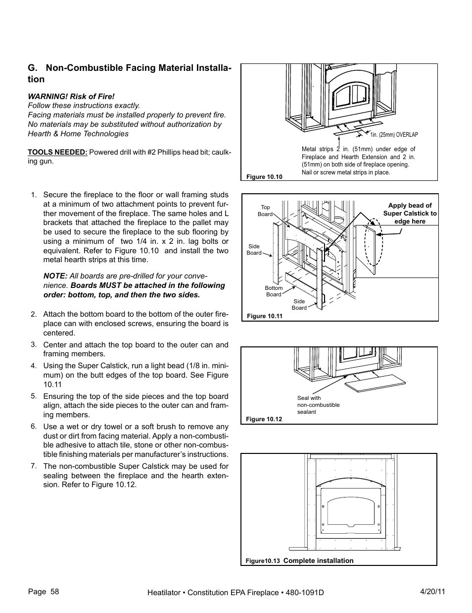 G. non-combustible facing material installa- tion | Heatiator C40 User Manual | Page 58 / 71
