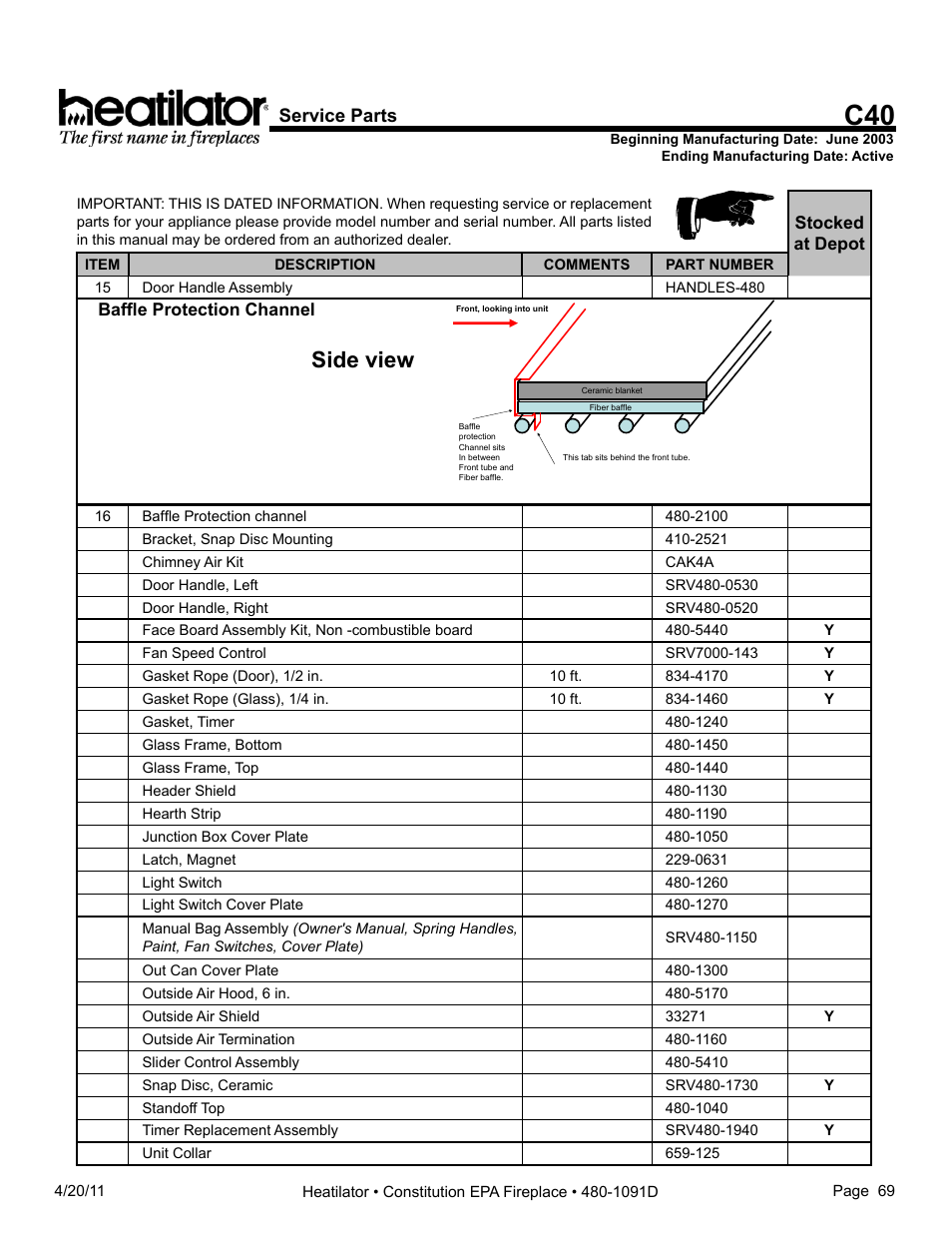 Side view, Service parts | Heatiator C40 User Manual | Page 69 / 71