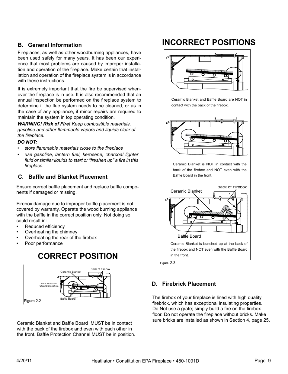 Correct position, Incorrect positions, B. general information | C. baffle and blanket placement, D. firebrick placement | Heatiator C40 User Manual | Page 9 / 71
