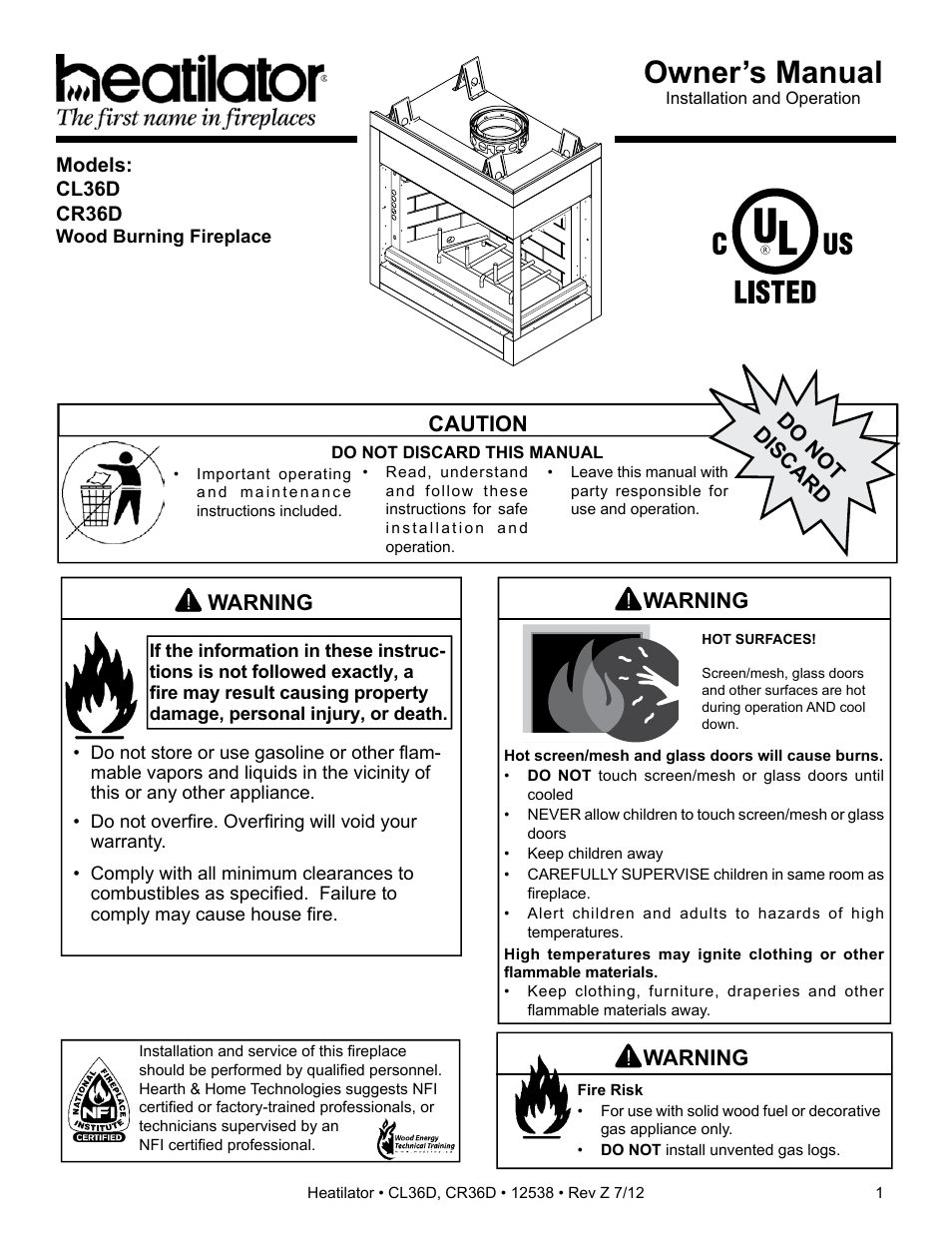 Heatiator Heatilator Wood Burning Fireplace CL36D User Manual | 48 pages