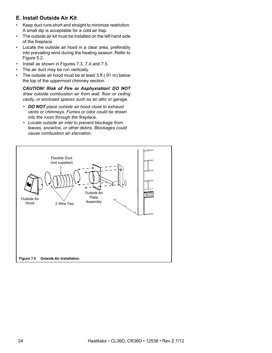 E. install outside air kit | Heatiator Heatilator Wood Burning Fireplace CL36D User Manual | Page 24 / 48