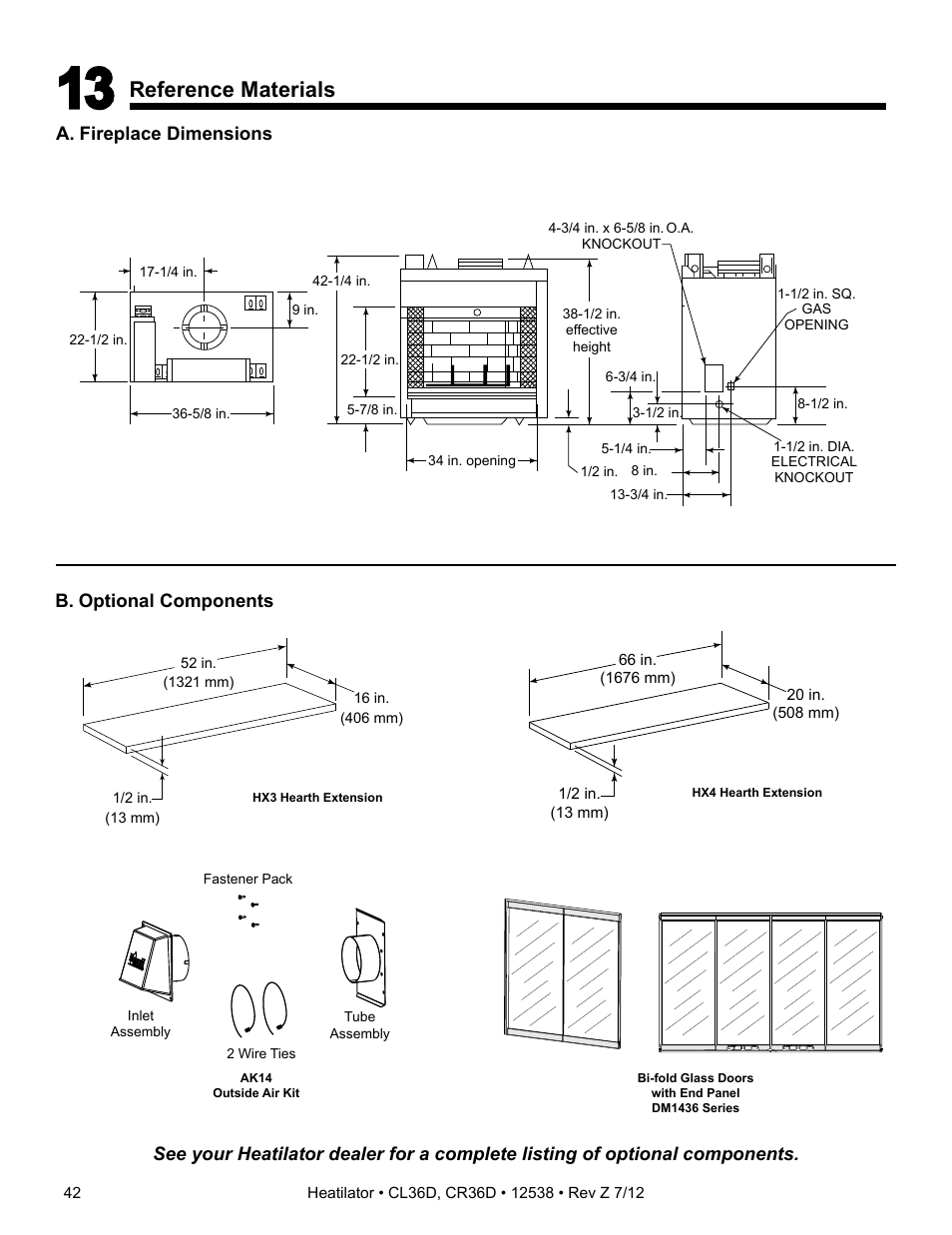 Reference materials, A. fireplace dimensions, B. optional components | Heatiator Heatilator Wood Burning Fireplace CL36D User Manual | Page 42 / 48