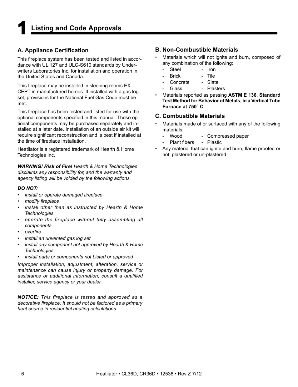 Listing and code approvals | Heatiator Heatilator Wood Burning Fireplace CL36D User Manual | Page 6 / 48