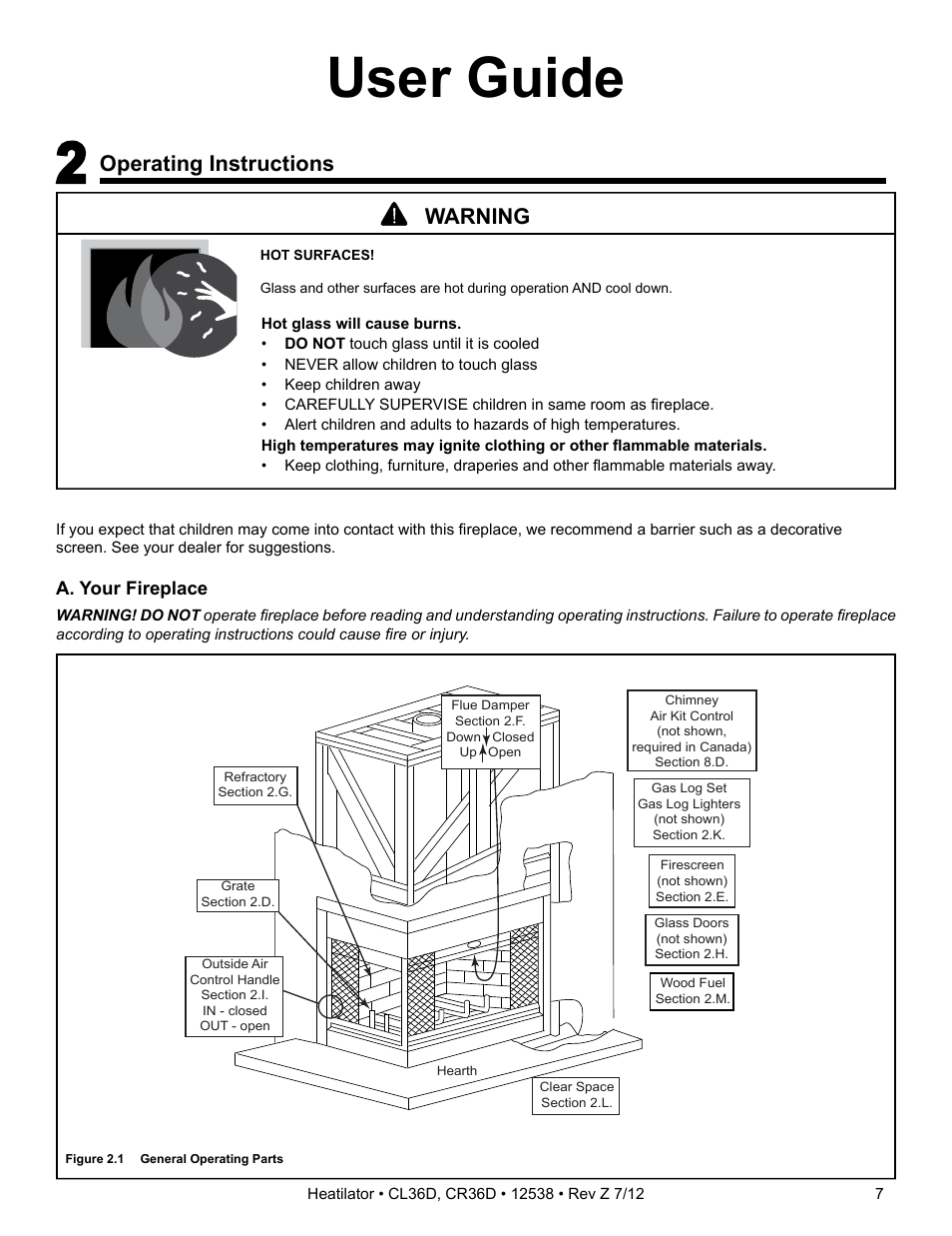 User guide, Operating instructions, Warning | Heatiator Heatilator Wood Burning Fireplace CL36D User Manual | Page 7 / 48