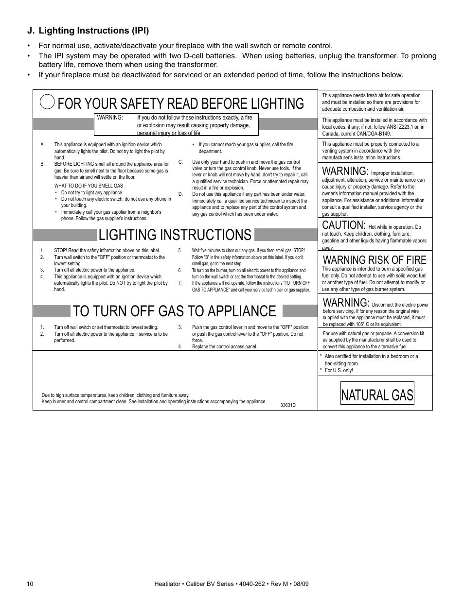 Lighting instructions, For your safety read before lighting, Natural gas | Warning, Caution, Warning risk of fire, J. lighting instructions (ipi) | Heatiator CB4842IR User Manual | Page 10 / 40