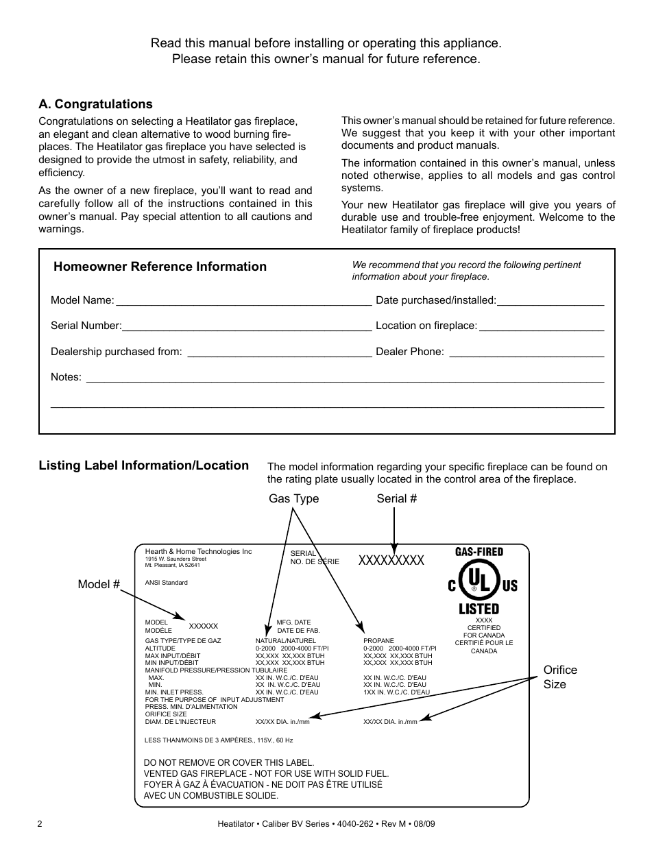 Listing label information/location, Serial # gas type orifice size model | Heatiator CB4842IR User Manual | Page 2 / 40