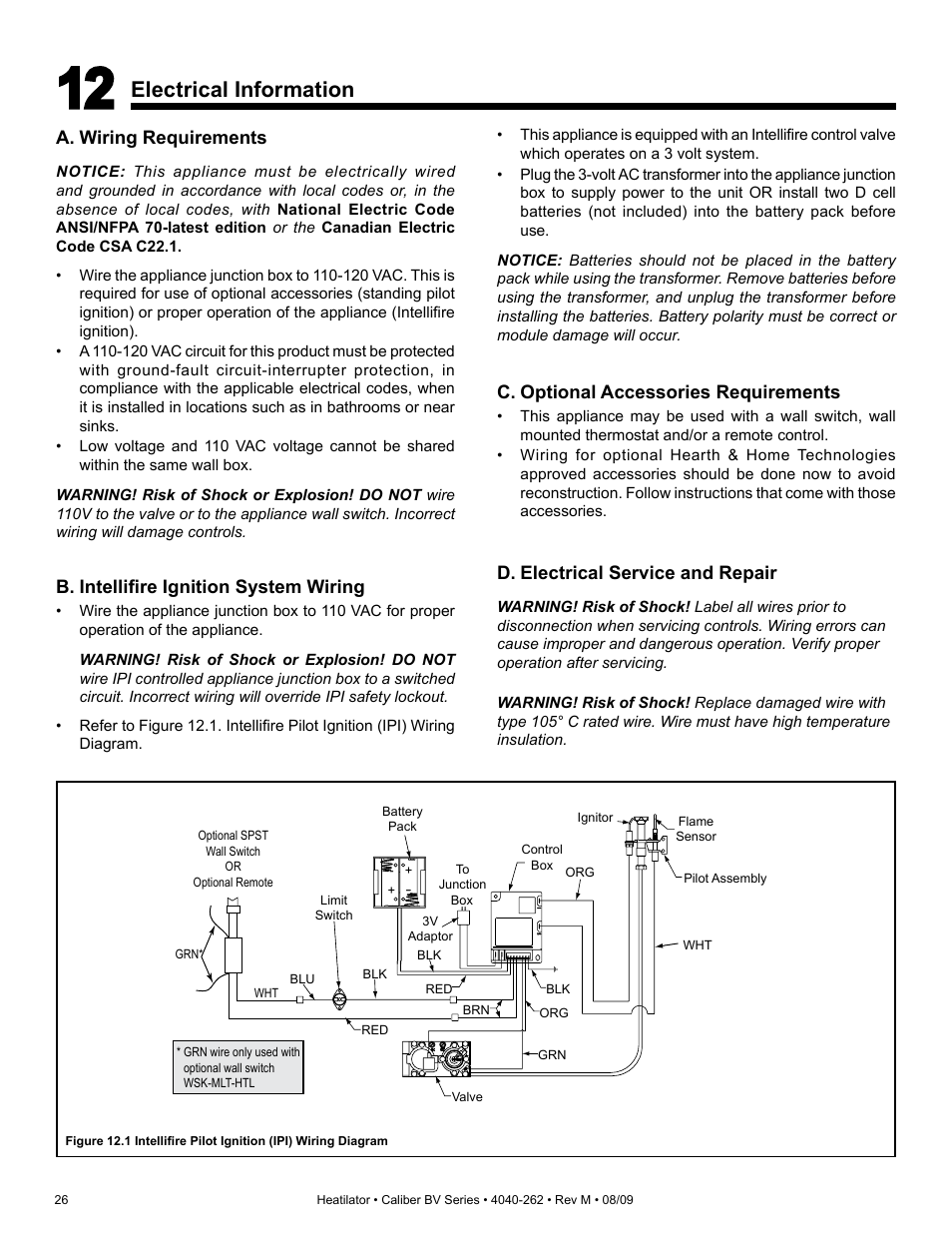 Electrical information, B. intellifire ignition system wiring, C. optional accessories requirements | A. wiring requirements, D. electrical service and repair | Heatiator CB4842IR User Manual | Page 26 / 40
