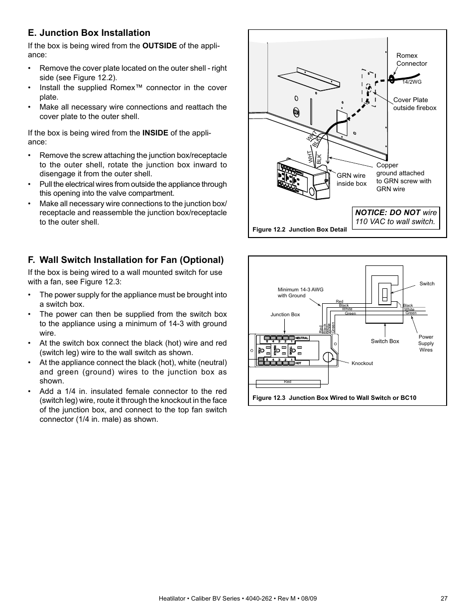 F. wall switch installation for fan (optional), E. junction box installation | Heatiator CB4842IR User Manual | Page 27 / 40