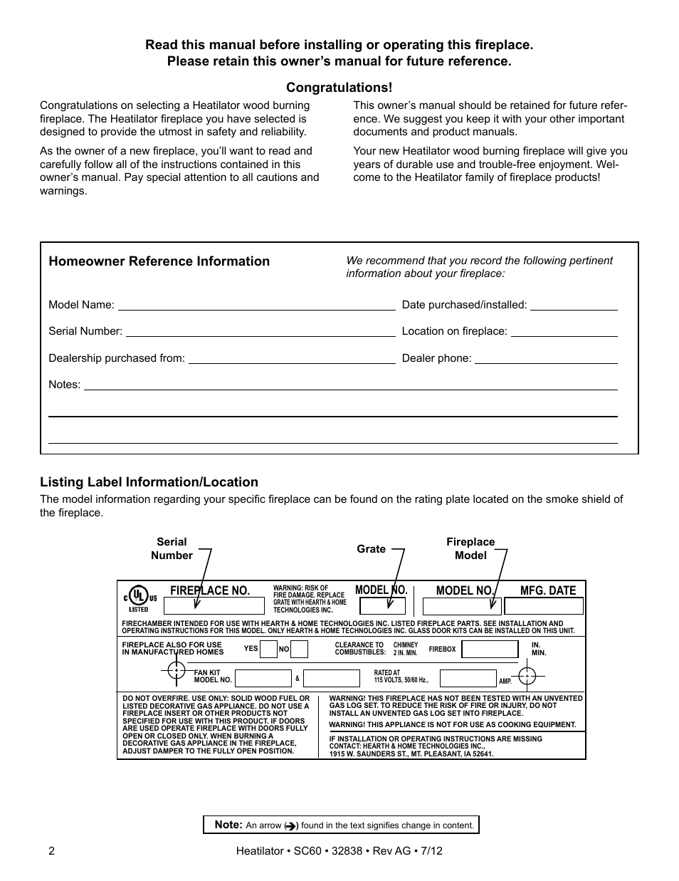 Listing label information/location, Fireplace no. model no. model no. mfg. date | Heatiator Heatilator Wood Burning Fireplace SC60 User Manual | Page 2 / 48