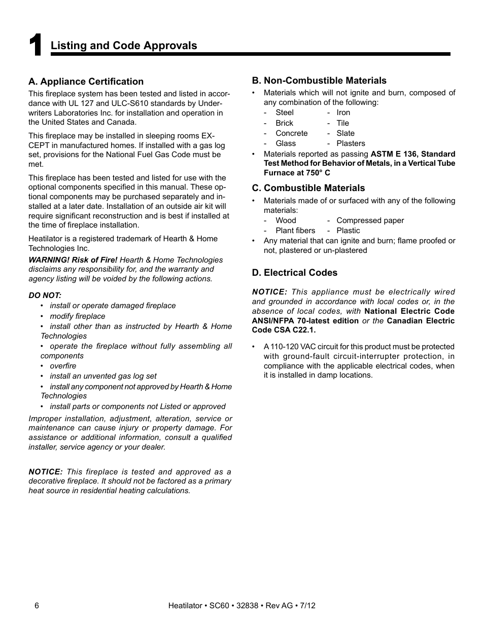 Listing and code approvals | Heatiator Heatilator Wood Burning Fireplace SC60 User Manual | Page 6 / 48