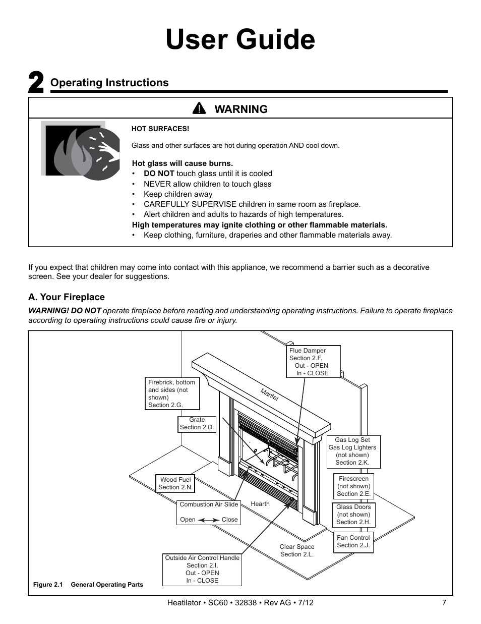 User guide, Operating instructions, Warning | Heatiator Heatilator Wood Burning Fireplace SC60 User Manual | Page 7 / 48