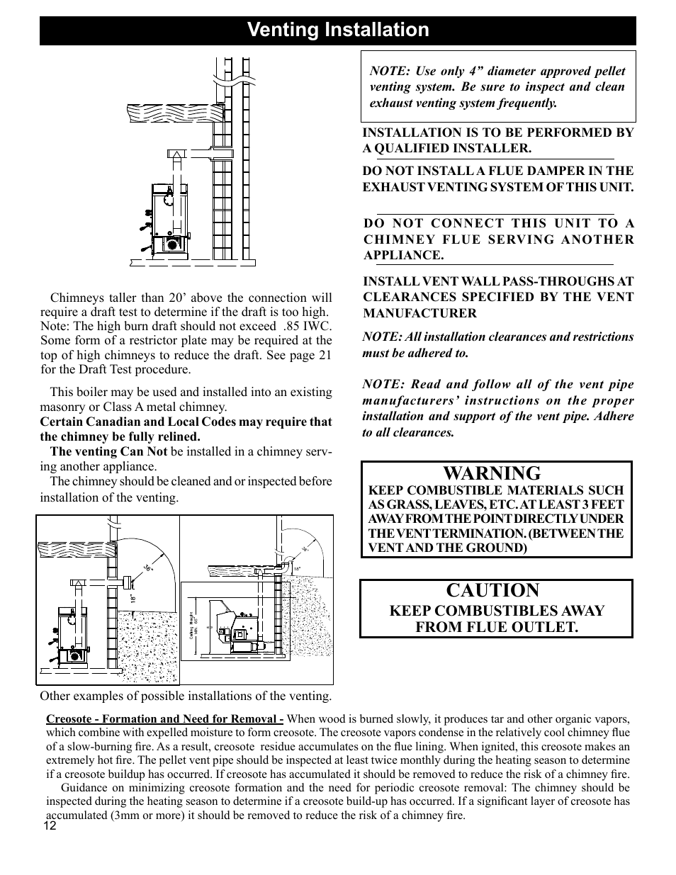 Venting installation, Warning, Caution | Heatiator Heatilator BH60 User Manual | Page 12 / 42