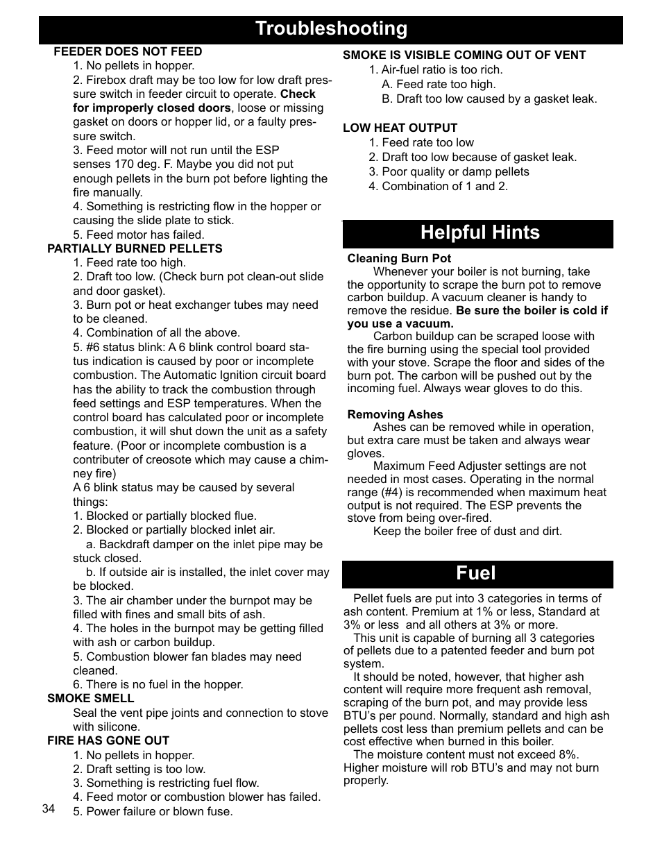 Fuel, Troubleshooting helpful hints | Heatiator Heatilator BH60 User Manual | Page 34 / 42