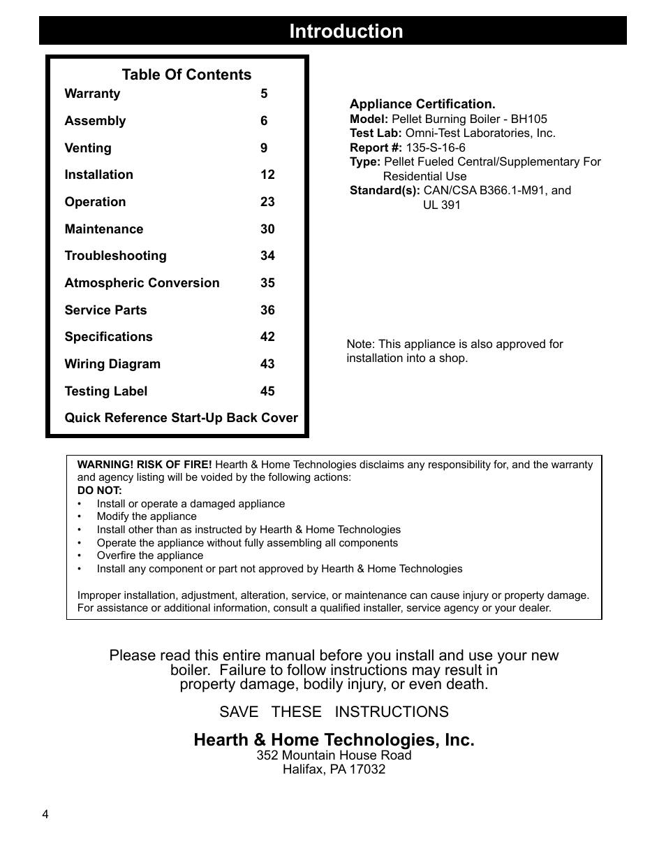 Introduction, Hearth & home technologies, inc | Heatiator Heatilator BH60 User Manual | Page 4 / 42
