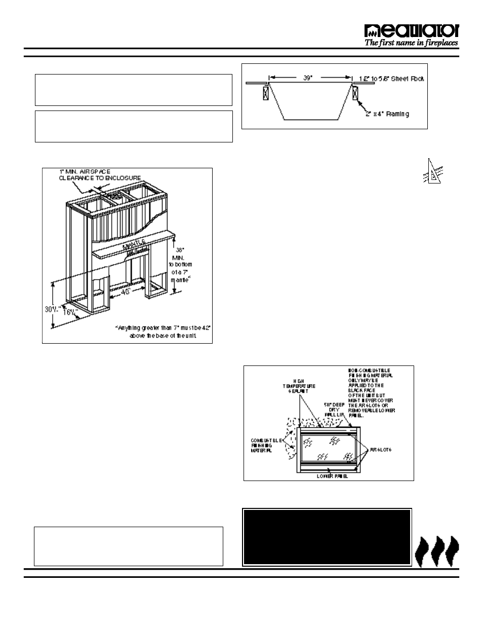 E. framing the fireplace f. finishing materials, Warning | Heatiator Heatilator Fireplace GC150 User Manual | Page 7 / 28
