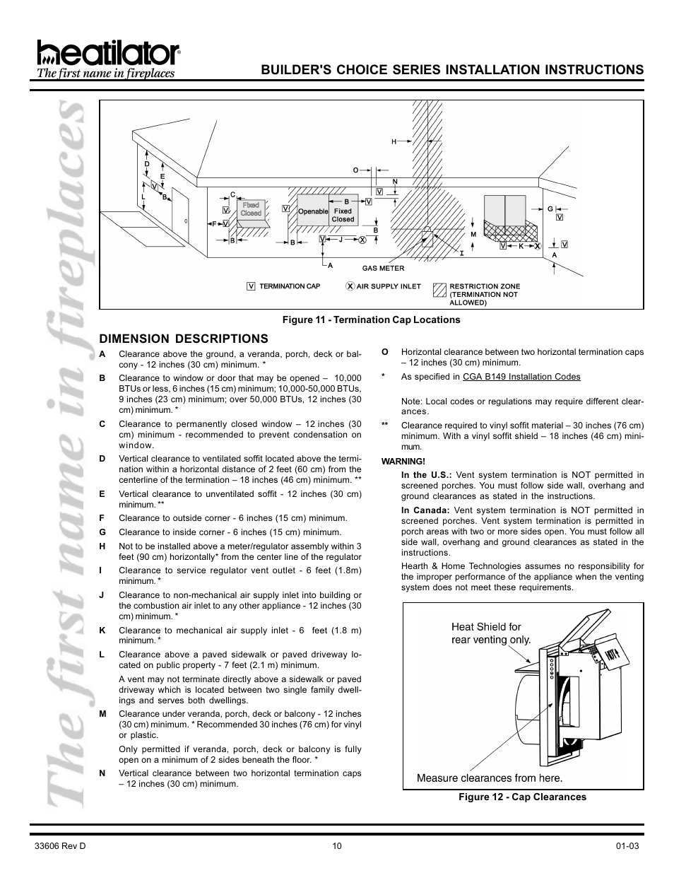 Cap clearances, Termination cap locations, Builder's choice series installation instructions | Dimension descriptions | Heatiator Heatilator BCDV36 User Manual | Page 10 / 28