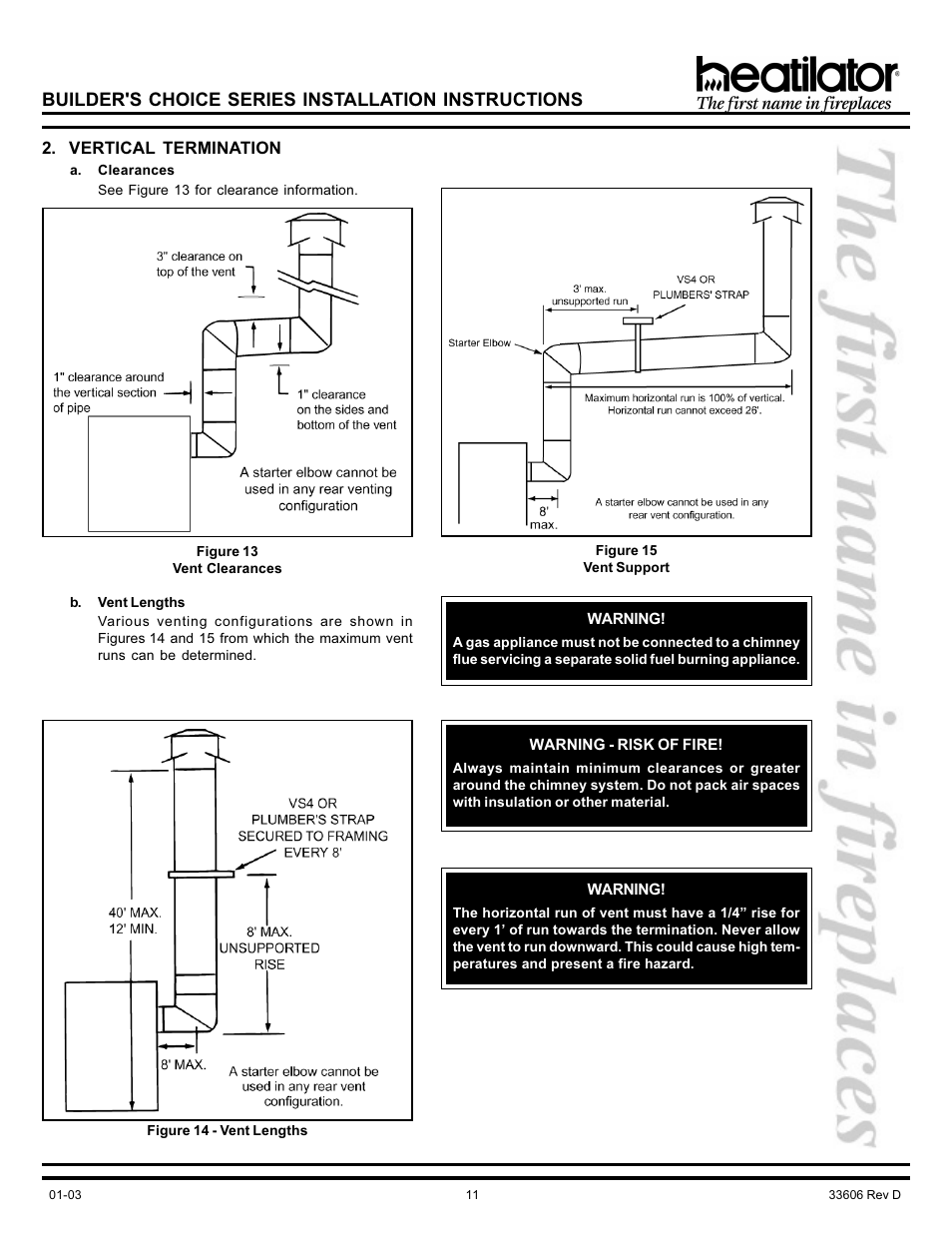 Vertical termination, Vent support, Clearances | Vent lengths, Builder's choice series installation instructions | Heatiator Heatilator BCDV36 User Manual | Page 11 / 28