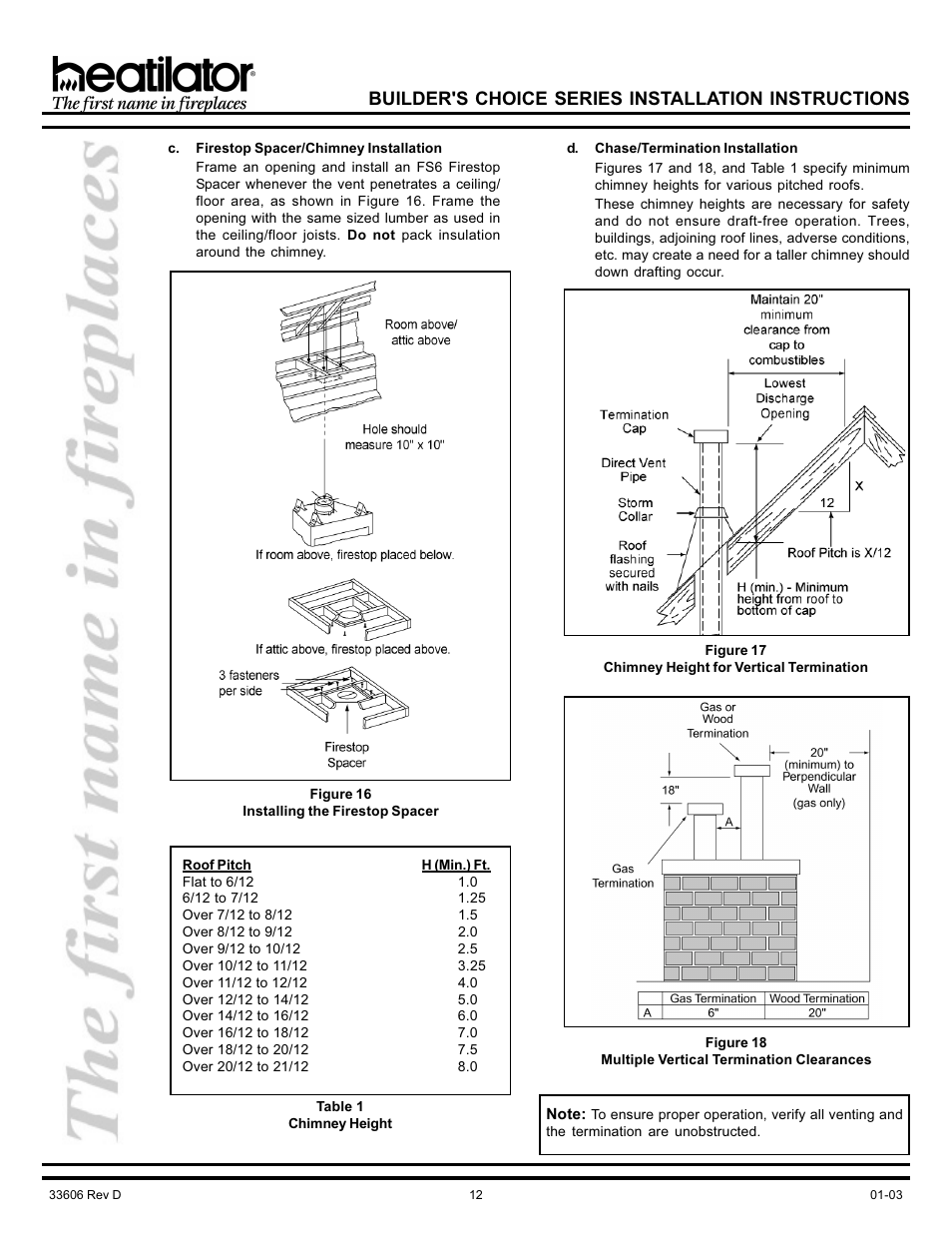 Chase installation, Chimney height, Chimney height for vertical termination | Chimney installation, Firestop spacer, Multiple vertical termination, Termination installation, Firestop spacer/chimney installation, Builder's choice series installation instructions | Heatiator Heatilator BCDV36 User Manual | Page 12 / 28