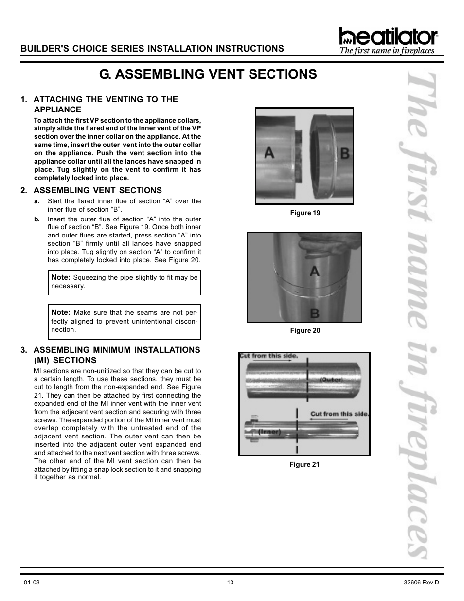 G. assembling vent sections, Minimum installations, Mi sections | Heatiator Heatilator BCDV36 User Manual | Page 13 / 28