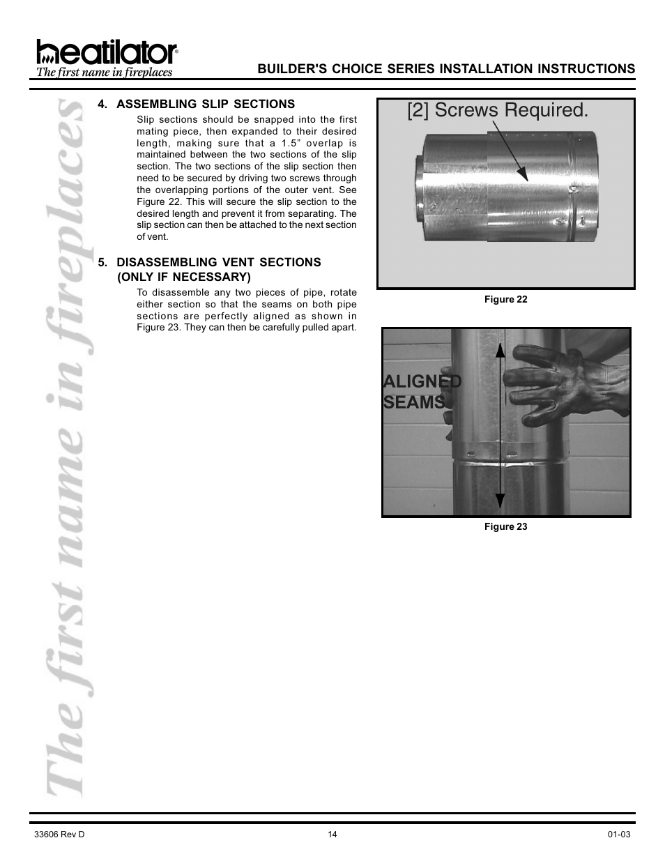 Slip sections, Disassembly, Slip section assembly | Builder's choice series installation instructions | Heatiator Heatilator BCDV36 User Manual | Page 14 / 28