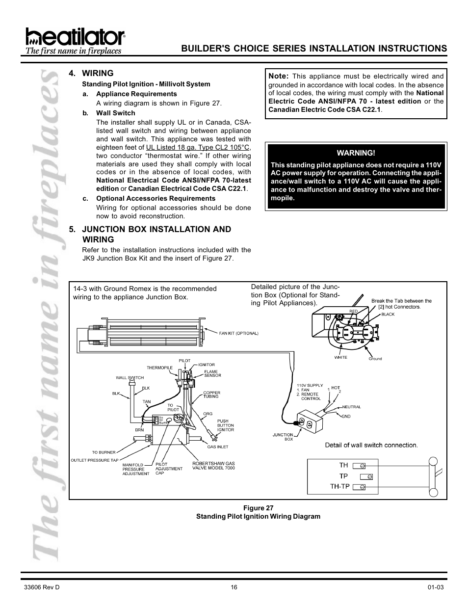 Electric, Electric codes, Junction box | Standing pilot ignition, Standing pilot wiring diagram, Wall switch, Wiring, Builder's choice series installation instructions | Heatiator Heatilator BCDV36 User Manual | Page 16 / 28