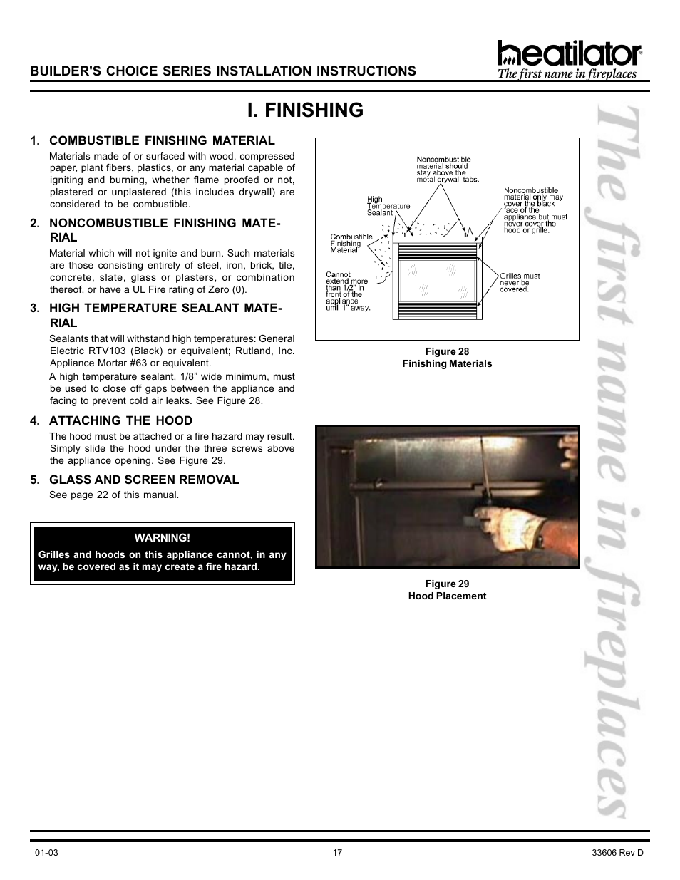 I. finishing, Combustible material, Finishing | Glass, Hood, Noncombustible material, Screen, Sealant material | Heatiator Heatilator BCDV36 User Manual | Page 17 / 28