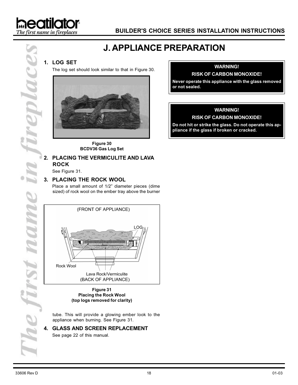 J. appliance preparation, Appliance preparation, Carbon monoxide | Gas log set, Lava rock, Log set, Rock wool, Vermiculite | Heatiator Heatilator BCDV36 User Manual | Page 18 / 28