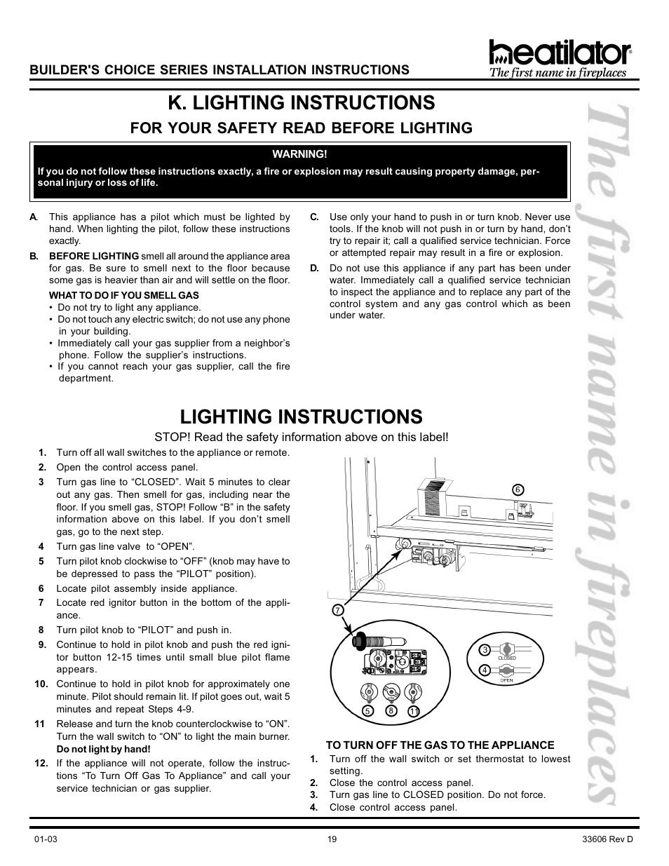 K. lighting instructions, L. seasonal checklist, To turn off | Lighting instructions, For your safety read before lighting | Heatiator Heatilator BCDV36 User Manual | Page 19 / 28