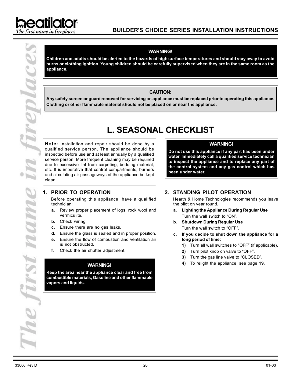 L. seasonal checklist, Air shutter adjustment, Gas leaks | Seasonal checklist, Shutdown, Standing pilot operation, Builder's choice series installation instructions | Heatiator Heatilator BCDV36 User Manual | Page 20 / 28