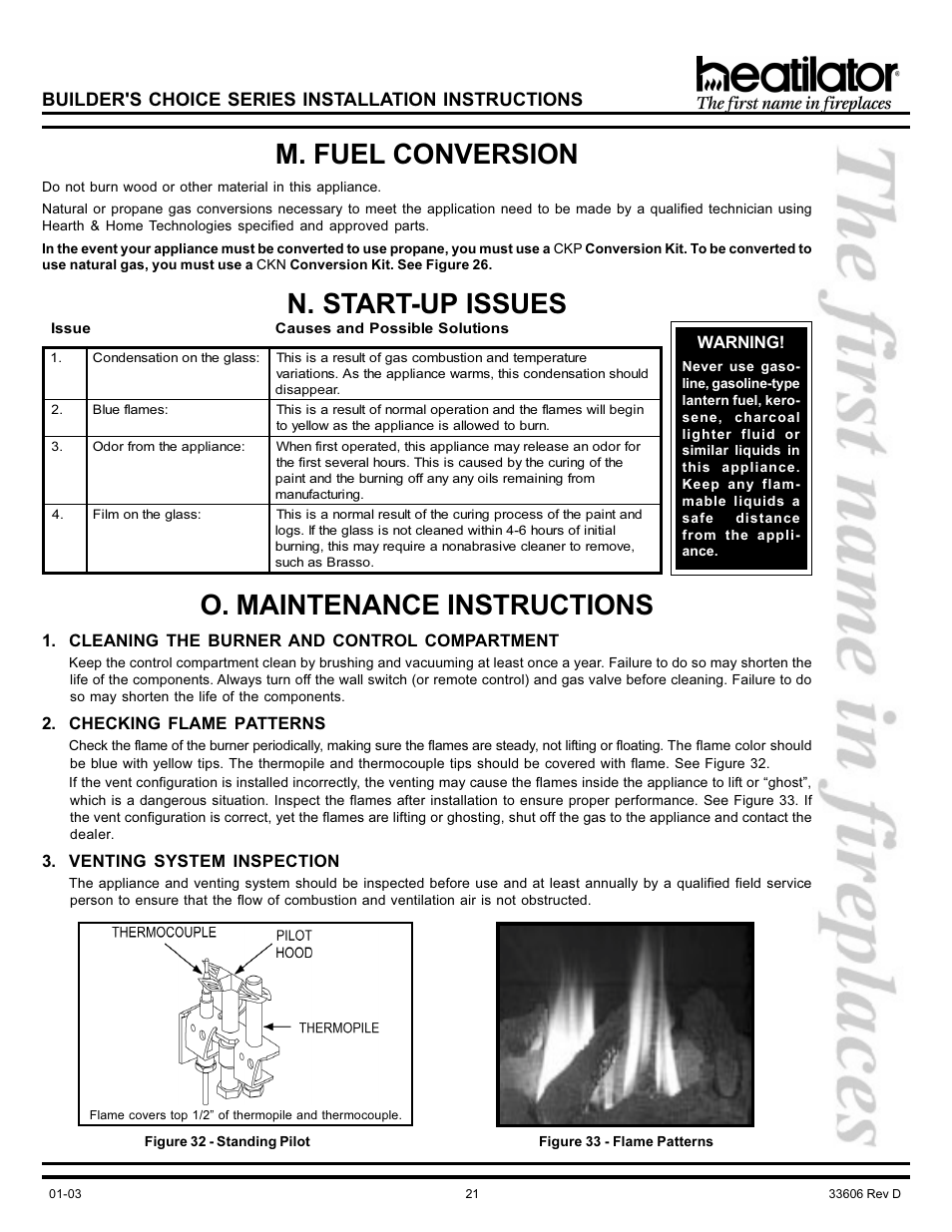 M. fuel conversion, N. start-up issues, O. maintenance instructions | Burner, Control compartment, Flame patterns, Gas conversions, Maintenance instructions, Standing pilot, Start-up issues | Heatiator Heatilator BCDV36 User Manual | Page 21 / 28