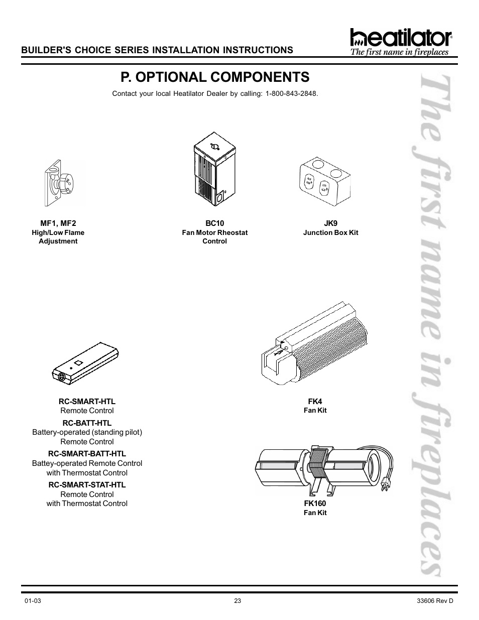 P. optional components, Bc10, Fan kit | Fan motor rheostat control, Optional components, Remote control | Heatiator Heatilator BCDV36 User Manual | Page 23 / 28