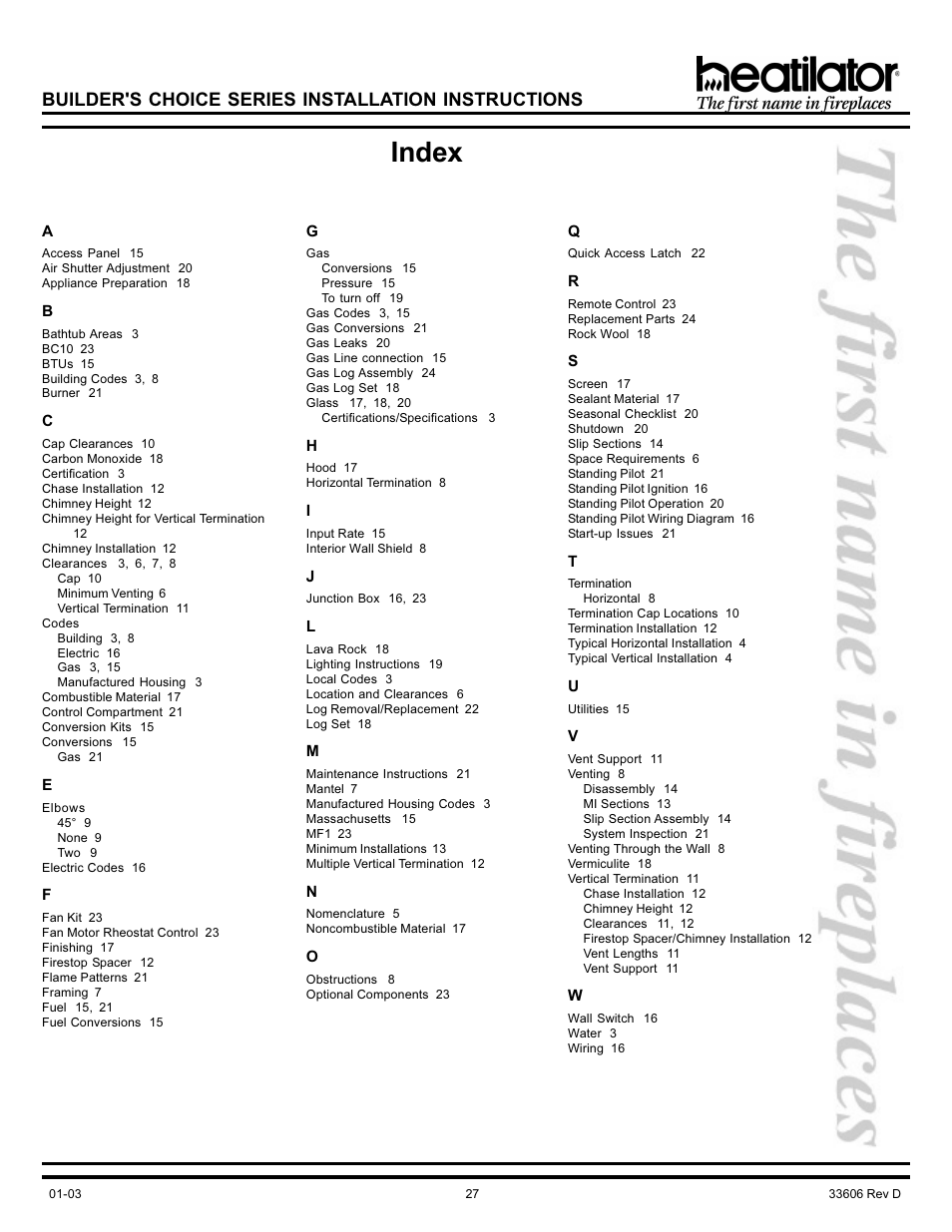 Index, Codes, Elbows | Termination, Builder's choice series installation instructions | Heatiator Heatilator BCDV36 User Manual | Page 27 / 28