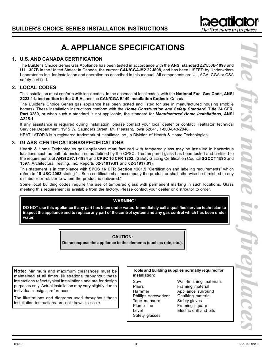 A. appliance specifications, Bathtub areas, Building codes | Certification, Clearances, Building, Manufactured housing, Gas codes, Certifications/specifications, Local codes | Heatiator Heatilator BCDV36 User Manual | Page 3 / 28