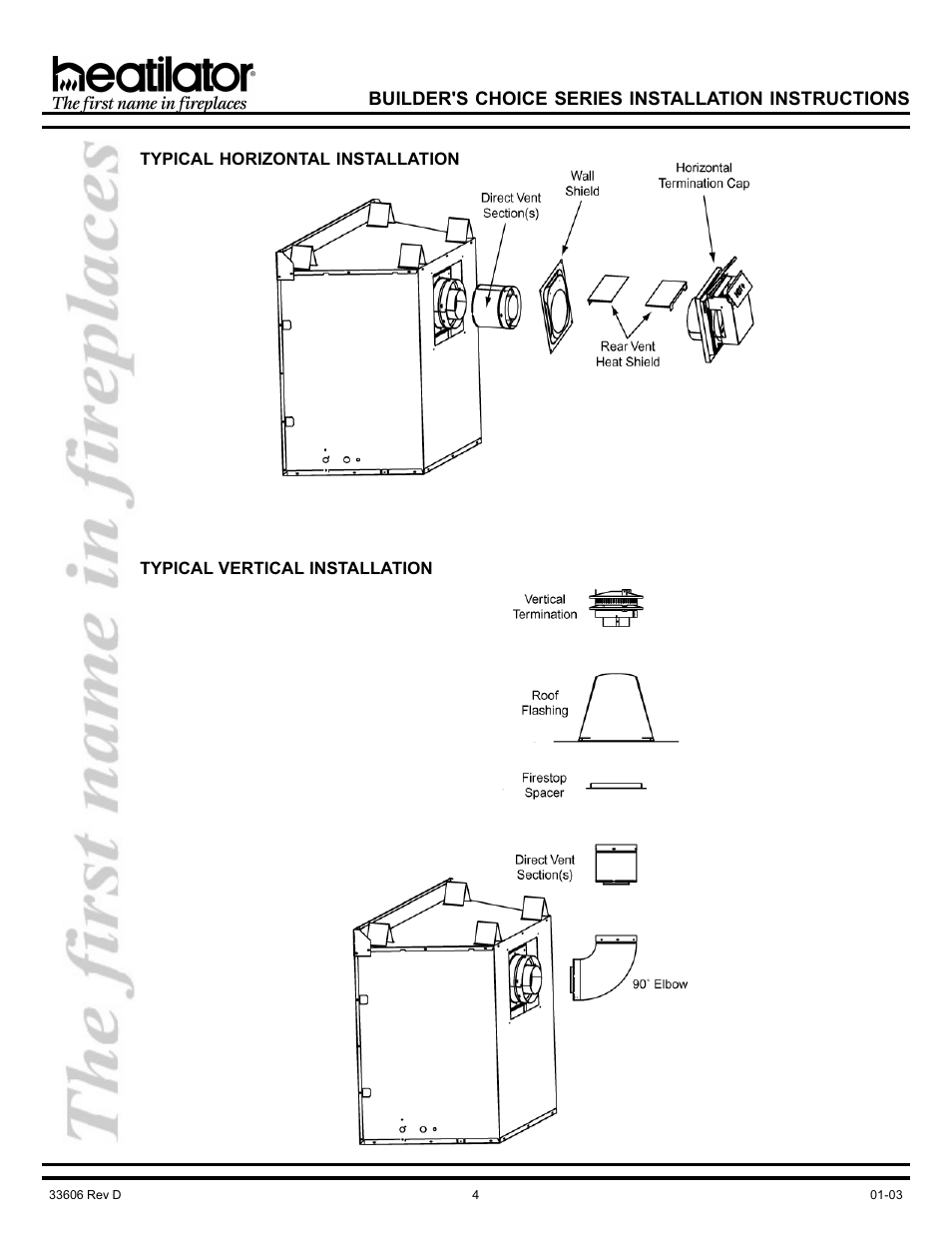 Typical horizontal installation, Typical vertical installation | Heatiator Heatilator BCDV36 User Manual | Page 4 / 28