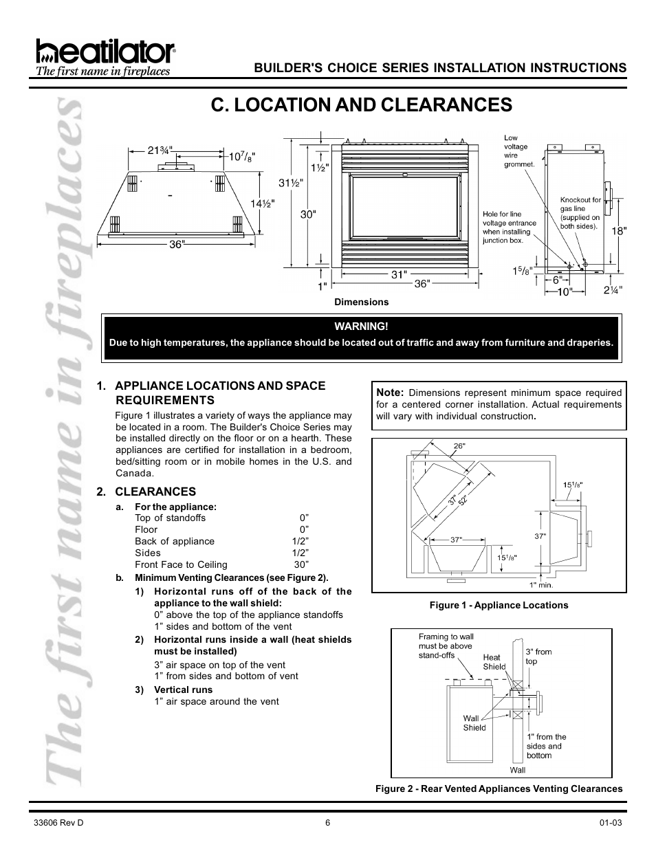 C. location and clearances, Minimum venting, Location and clearances | Space requirements, Builder's choice series installation instructions | Heatiator Heatilator BCDV36 User Manual | Page 6 / 28