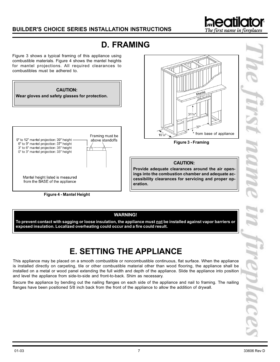 D. framing, E. setting the appliance, Framing | Mantel | Heatiator Heatilator BCDV36 User Manual | Page 7 / 28