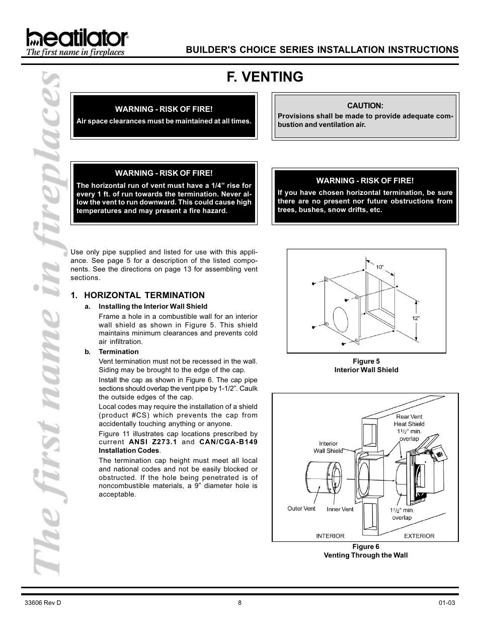 F. venting, Horizontal termination, Interior wall shield | Obstructions, Horizontal, Venting, Venting through the wall, Builder's choice series installation instructions | Heatiator Heatilator BCDV36 User Manual | Page 8 / 28