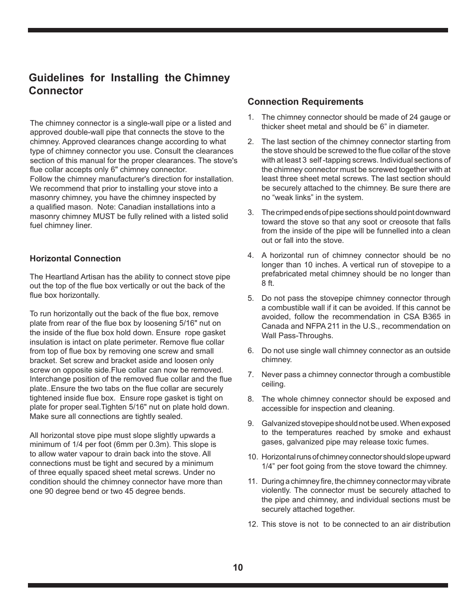 Guidelines for installing the chimney connector | Heartland The Artisan User Manual | Page 10 / 21