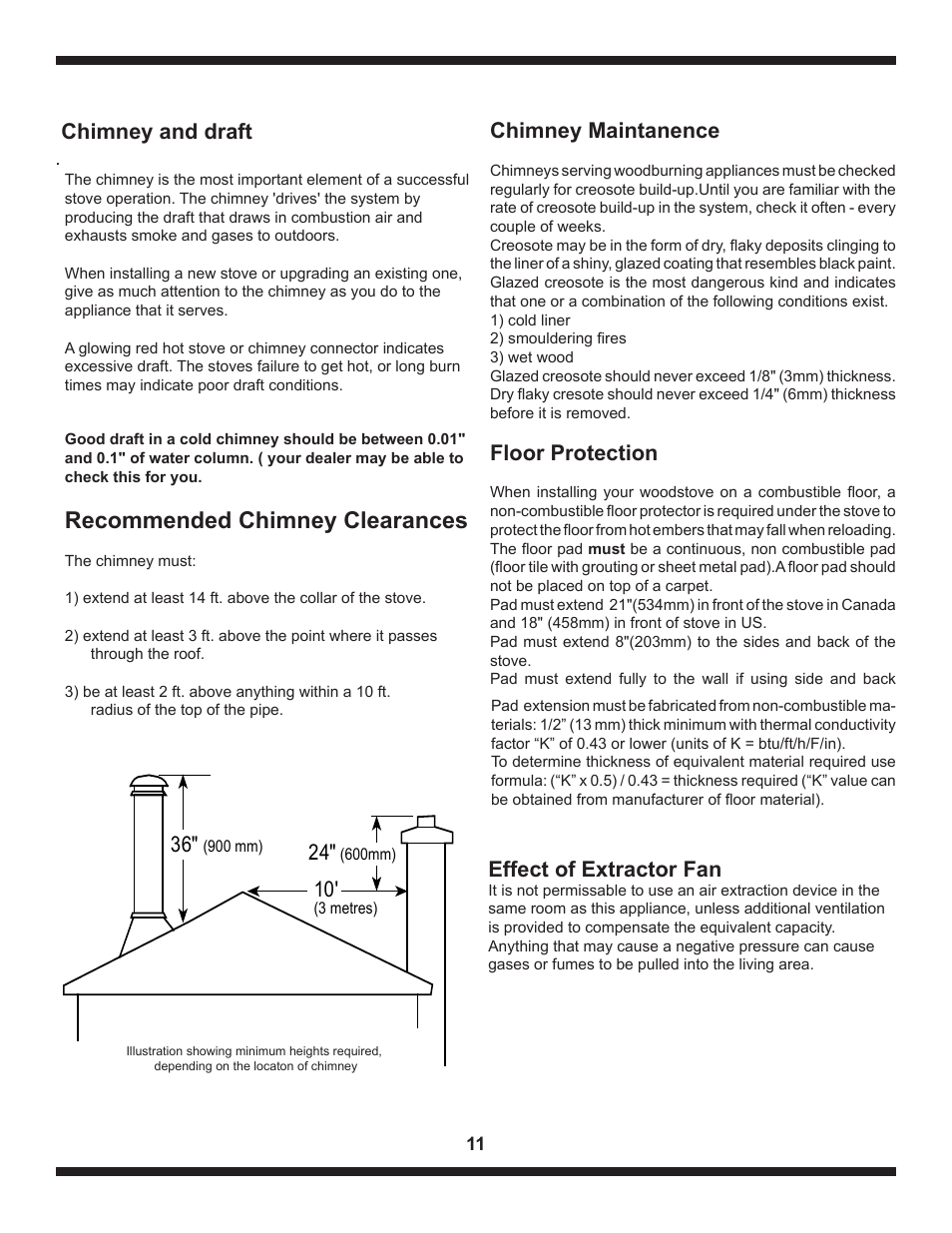 Recommended chimney clearances, Effect of extractor fan, Chimney and draft | Floor protection, Chimney maintanence | Heartland The Artisan User Manual | Page 11 / 21