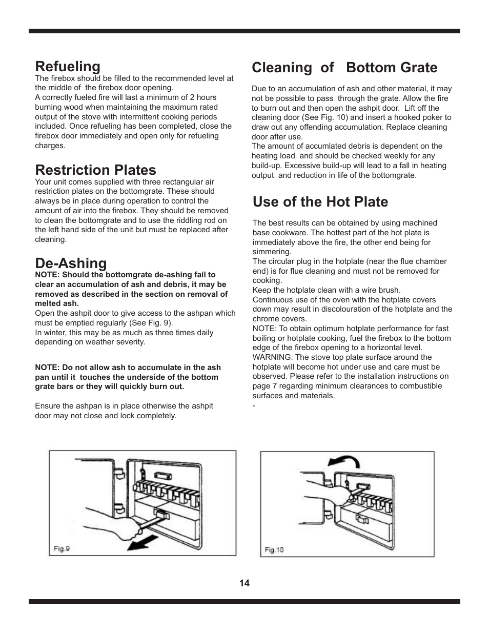 Refueling, Restriction plates, De-ashing | Cleaning of bottom grate, Use of the hot plate | Heartland The Artisan User Manual | Page 14 / 21
