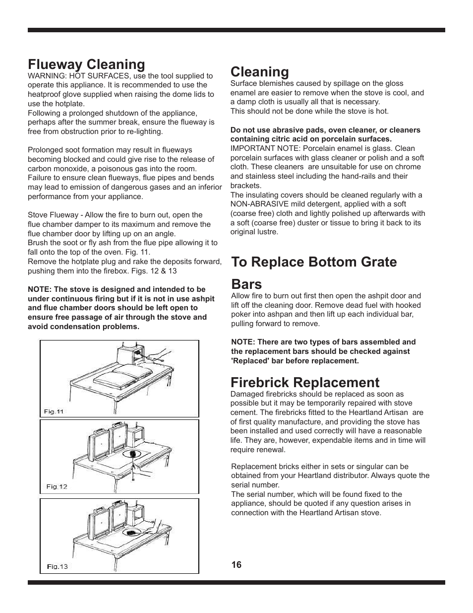 Cleaning, Firebrick replacement, Flueway cleaning | Heartland The Artisan User Manual | Page 16 / 21