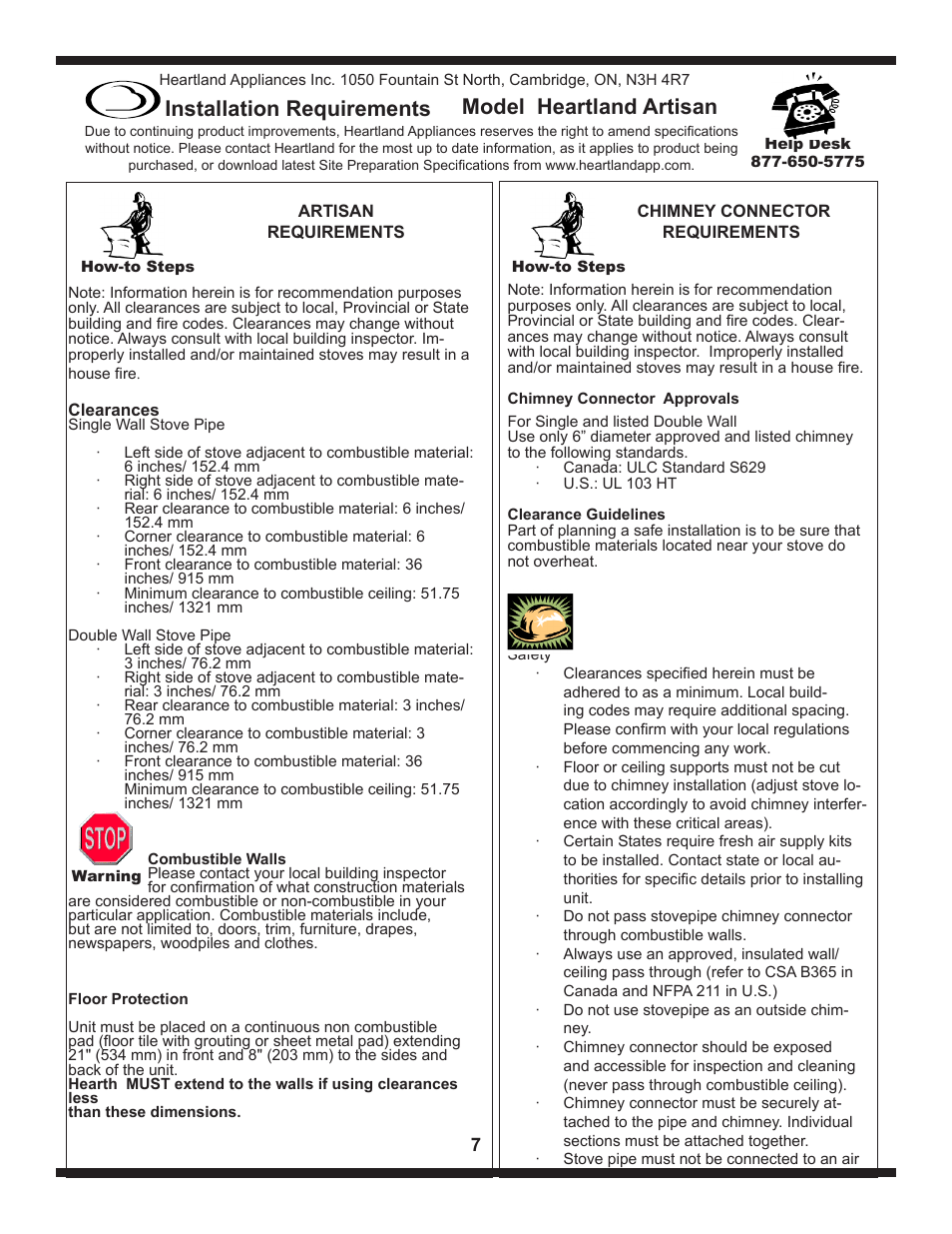 Installation requirements, Model heartland artisan | Heartland The Artisan User Manual | Page 7 / 21