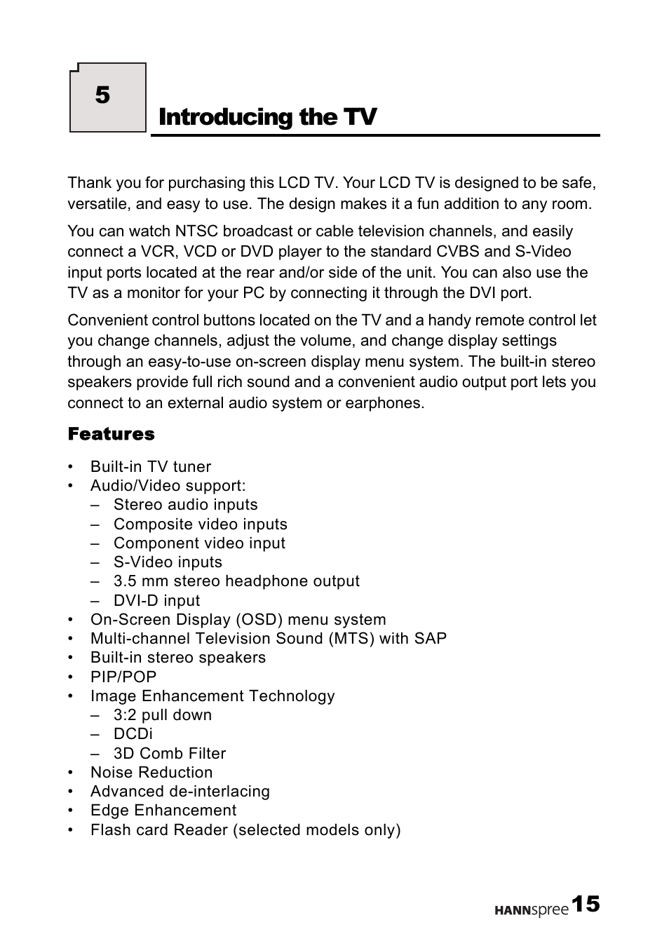 Features, Introducing the tv, 5introducing the tv | HANNspree LT12-23U1-000 User Manual | Page 16 / 97