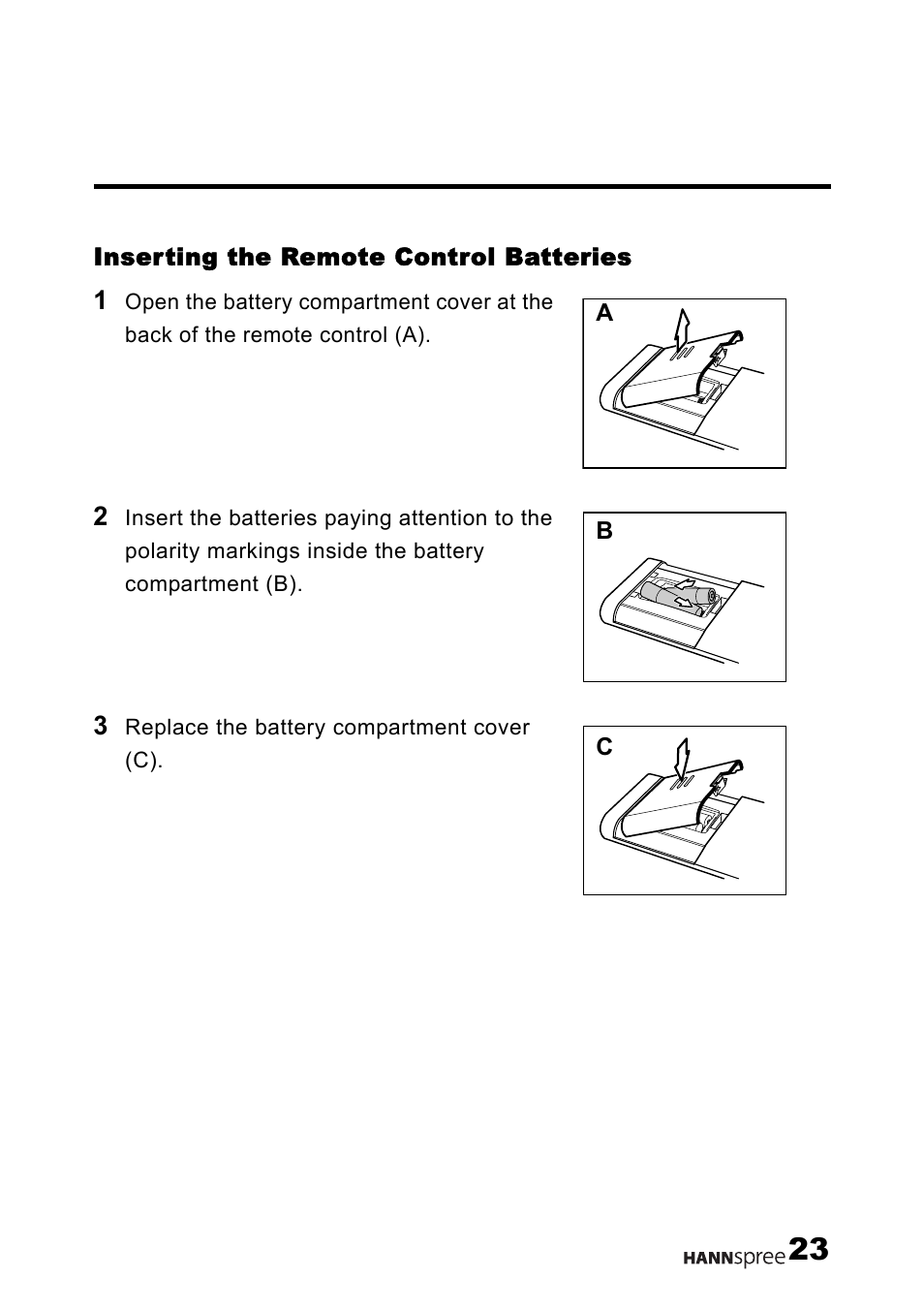 Inserting the remote control batteries | HANNspree LT12-23U1-000 User Manual | Page 24 / 97