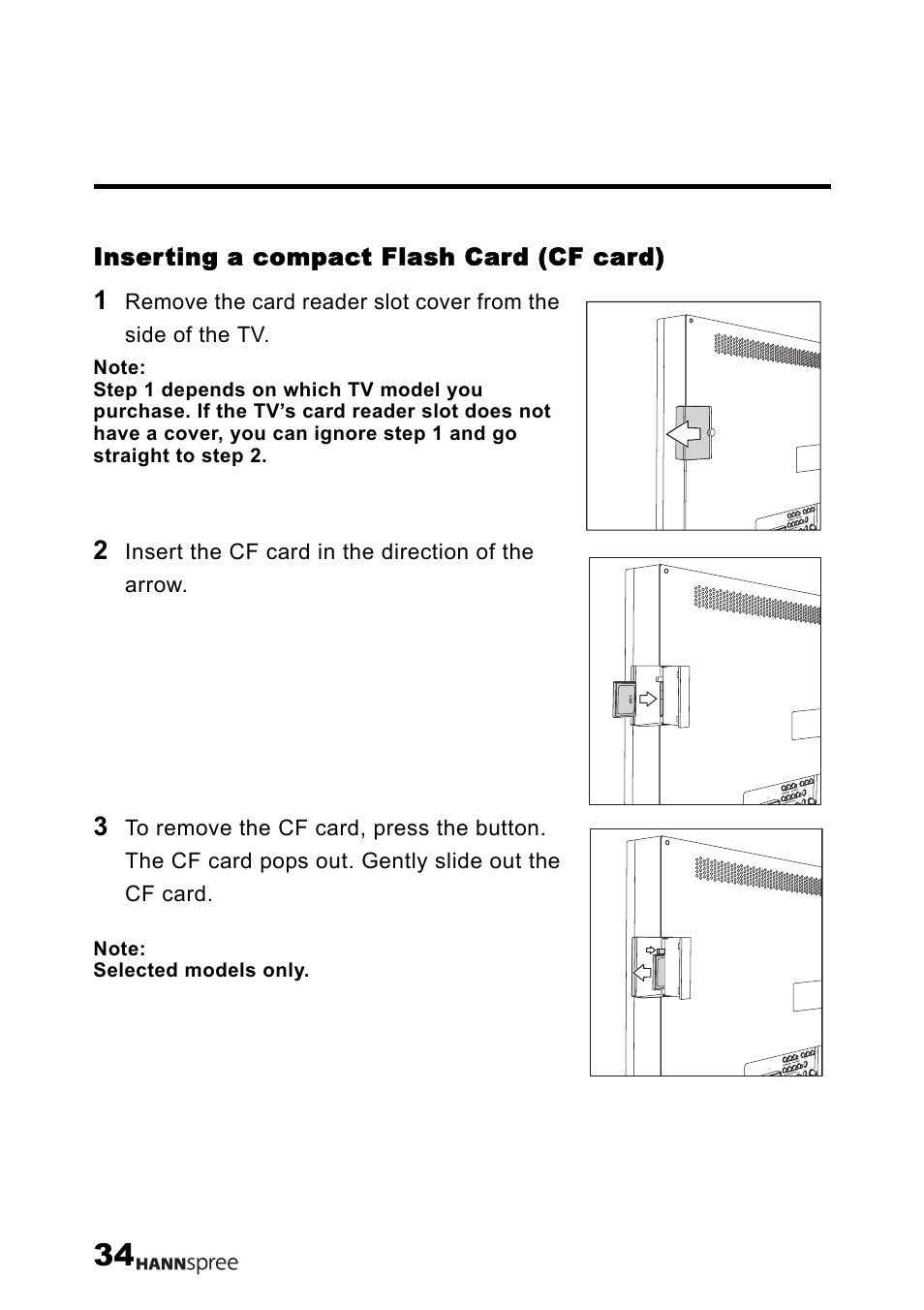 Inserting a compact flash card (cf card), Insert the cf card in the direction of the arrow | HANNspree LT12-23U1-000 User Manual | Page 35 / 97