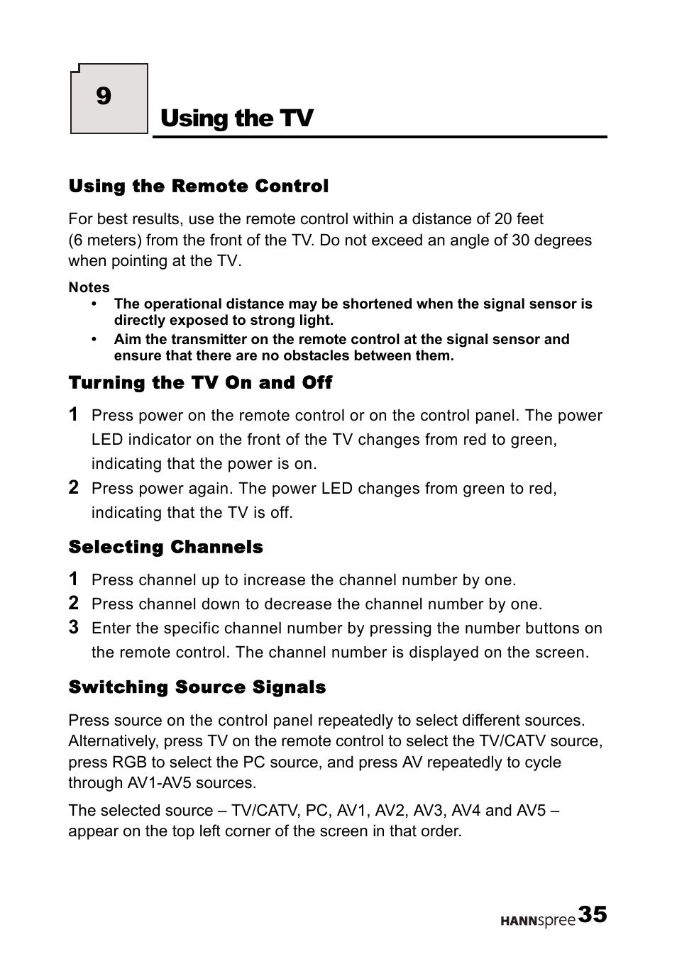 Using the remote control, Turning the tv on and off, Selecting channels | Switching source signals, Using the tv, 9using the tv | HANNspree LT12-23U1-000 User Manual | Page 36 / 97