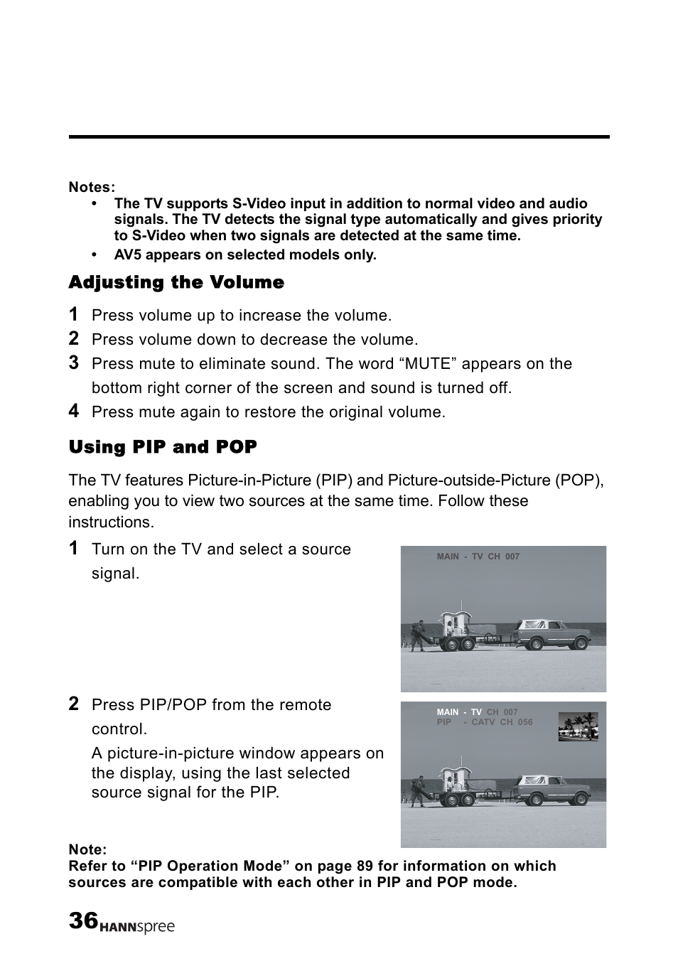 Adjusting the volume, Using pip and pop | HANNspree LT12-23U1-000 User Manual | Page 37 / 97