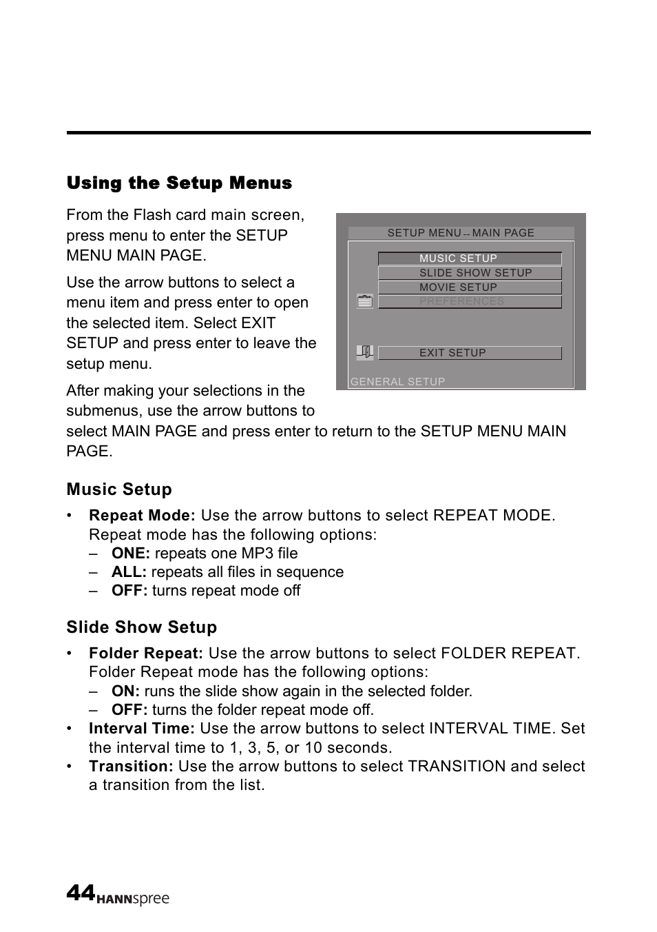 Using the setup menus, Music setup, Slide show setup | HANNspree LT12-23U1-000 User Manual | Page 45 / 97