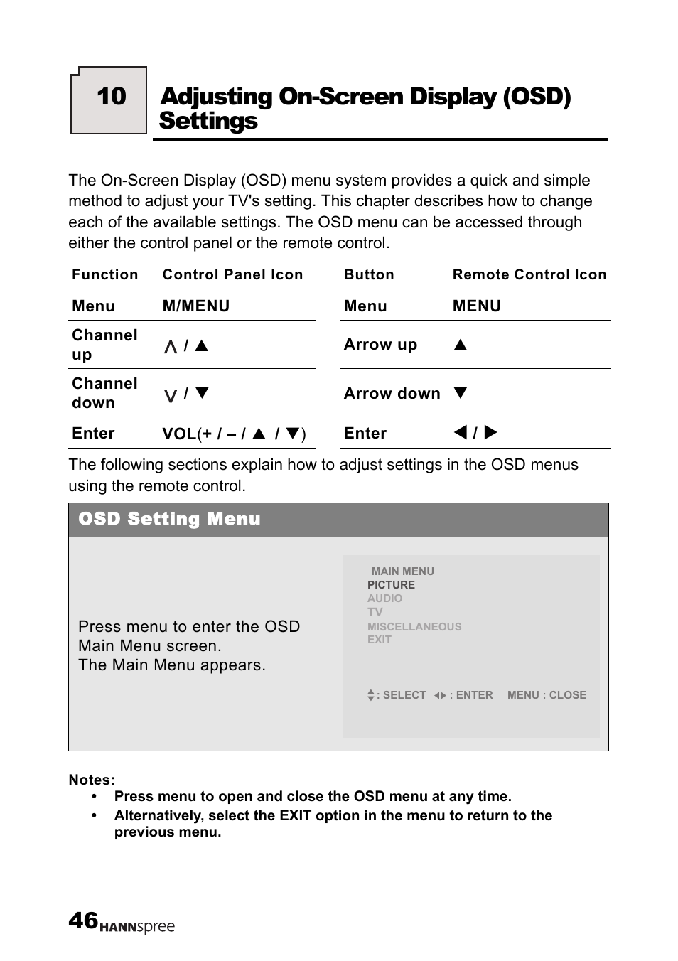 Osd setting menu, Adjusting on-screen display (osd) settings, 10 adjusting on-screen display (osd) settings | HANNspree LT12-23U1-000 User Manual | Page 47 / 97